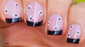 Feminine Black FRENCH MANICURE With Black & White Flower NAIL ART / Easy NAILS TUTORIAL