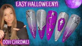 🕸 Easy Halloween Nails | Purple & silver nail art design | Coffin star moon cobweb pumpkin | Chrome
