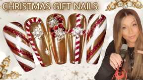 🎁 Christmas Gift Nails | Easy Nail Art Design | Gold Chrome Candy Cane Bling Glitter | Vettsy | Xmas