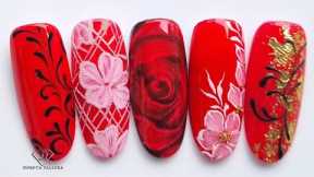 Beautiful red nail art. 5 easy nail art designs in red with glitter and gold transfer foil.