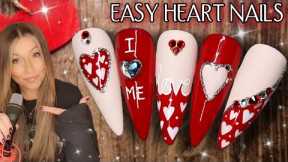 ❤ Easy Heart Valentine Nails | Red Bling Hearts Nail Art Design | Quick Beginner Anti Valentine's