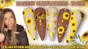 🌻 Easy Sunflower Nail Art Design | A Gift From Celina Ryden!! | Crystal Parade Bling | Spring Summer