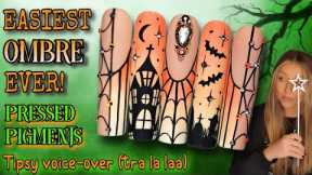 🦇 Easiest Ombre EVER! Halloween Haunted House Nails | Cobweb Graveyard Bat Nail Art Design | Pigment