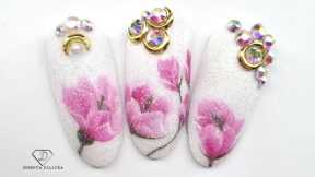 Spring floral nail art design for beginners. One stroke flowers with sugar glitter nail art
